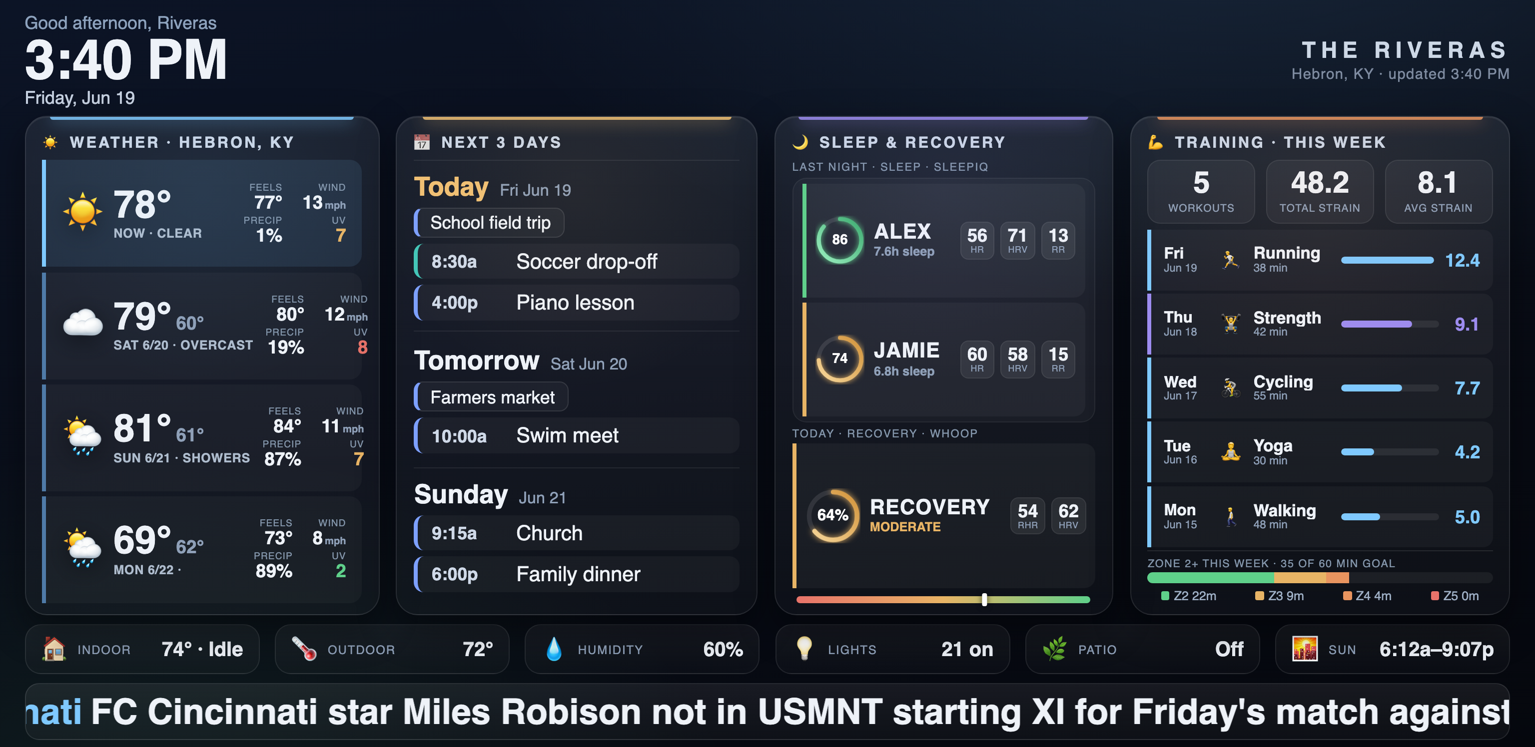 The family wall dashboard, rendered at the TV's native 1536×748